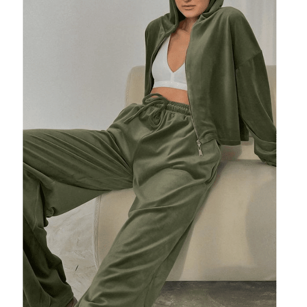 Ensemble Pull à capuche en velours doré avec pantalon - Ensemble tenue femme - Vert - L - Bas femme - feme