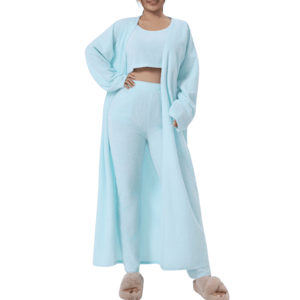 Ensemble de pyjamas 3 pcs pour femmes. Haut court, Pantalon confortable, pull assorti - Pyjamas femme - Bleu clair - S - Bas femme - Ensemble femme