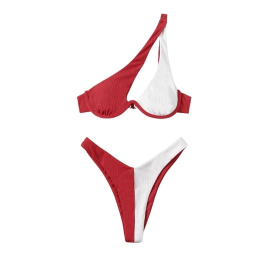 Maillot de bain 2 pièces femme épaule dénudée - Maillot de bain femme - Rouge blanc - L - Bas de maillot de bain femme - Bikini femme