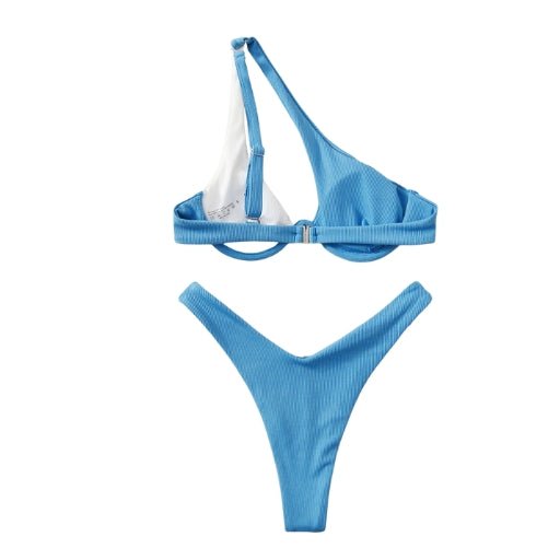 Maillot de bain 2 pièces femme épaule dénudée - Maillot de bain femme - Bleu Blanc - L - Bas de maillot de bain femme - Bikini femme