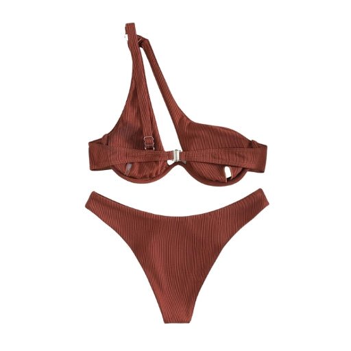 Maillot de bain 2 pièces femme épaule dénudée - Maillot de bain femme - Marron Blanc - L - Bas de maillot de bain femme - Bikini femme