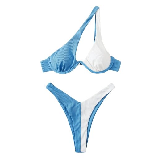 Maillot de bain 2 pièces femme épaule dénudée - Maillot de bain femme - Bleu Blanc - L - Bas de maillot de bain femme - Bikini femme