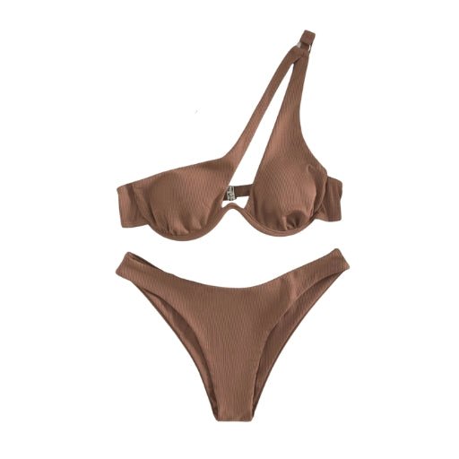 Maillot de bain 2 pièces femme épaule dénudée - Maillot de bain femme - Marron - L - Bas de maillot de bain femme - Bikini femme