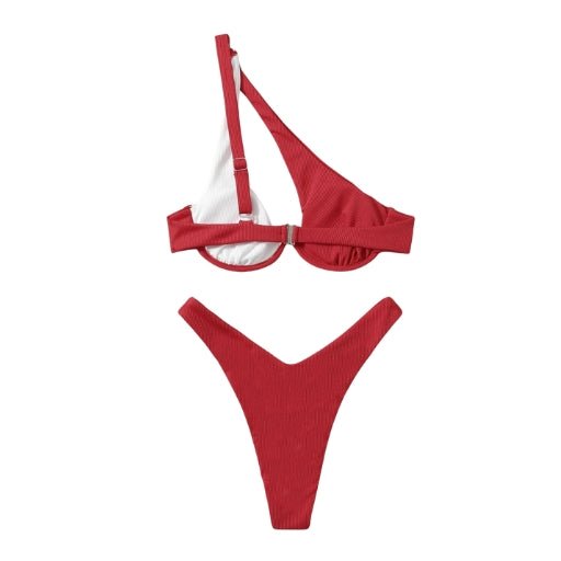 Maillot de bain 2 pièces femme épaule dénudée - Maillot de bain femme - Rouge blanc - L - Bas de maillot de bain femme - Bikini femme
