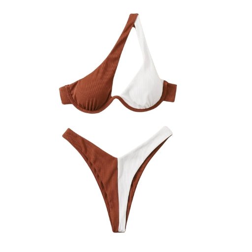 Maillot de bain 2 pièces femme épaule dénudée - Maillot de bain femme - Marron Blanc - L - Bas de maillot de bain femme - Bikini femme