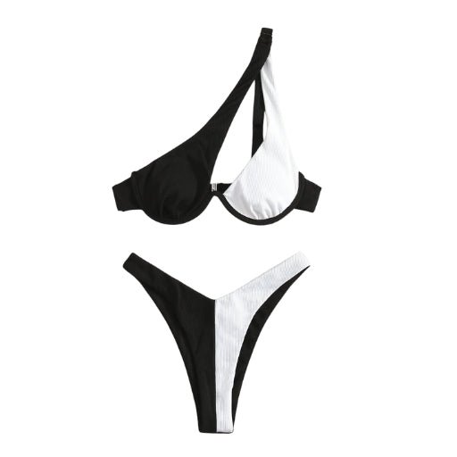 Maillot de bain 2 pièces femme épaule dénudée - Maillot de bain femme - Noir Blanc - L - Bas de maillot de bain femme - Bikini femme