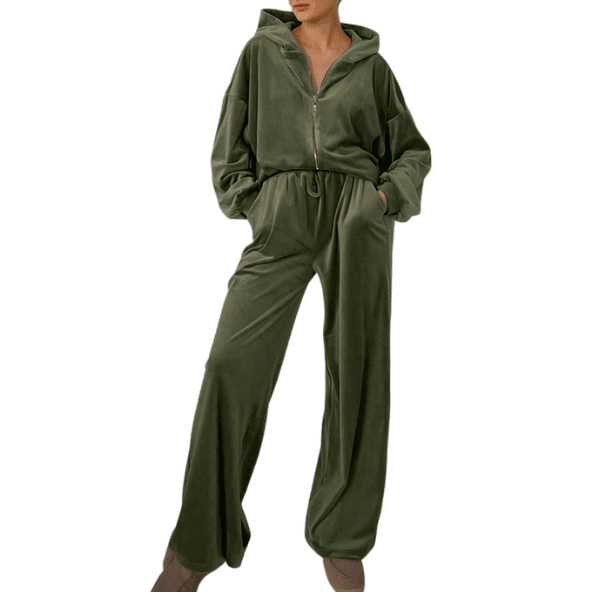 Ensemble Pull à capuche en velours doré avec pantalon - Ensemble tenue femme - Vert - L - Bas femme - feme