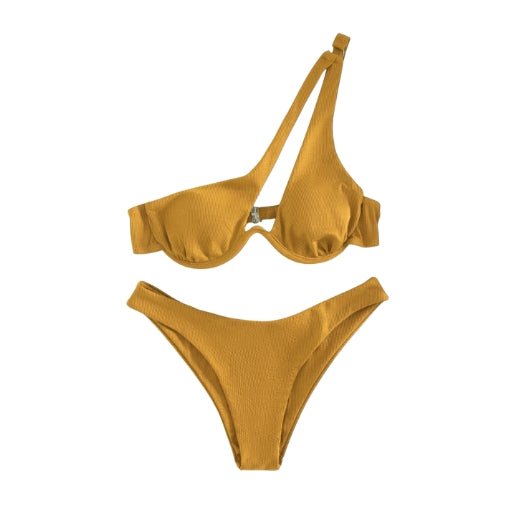 Maillot de bain 2 pièces femme épaule dénudée - Maillot de bain femme - Jaune foncé - L - Bas de maillot de bain femme - Bikini femme