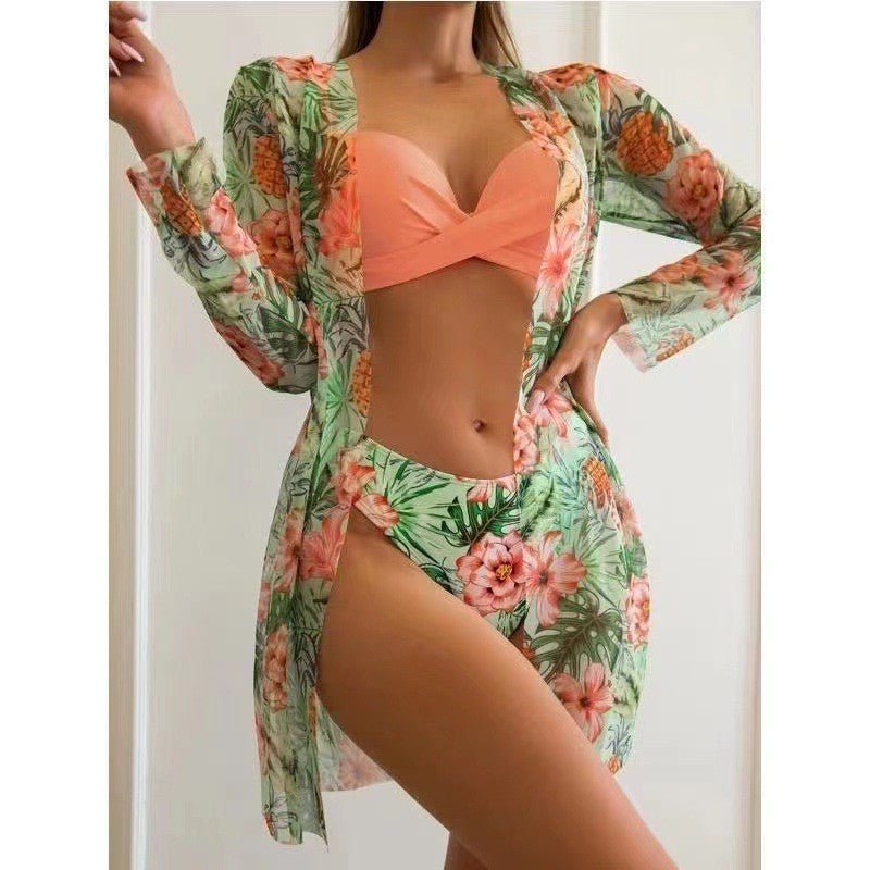Maillot de Bain Trois Pièces femmes - Maillot de bain femme - Rose Vert - L - Bas de maillot de bain femme - femme