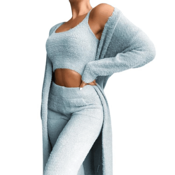 Ensemble de pyjamas 3 pcs pour femmes. Haut court, Pantalon confortable, pull assorti - Pyjamas femme - Bleu clair - S - Bas femme - Ensemble femme