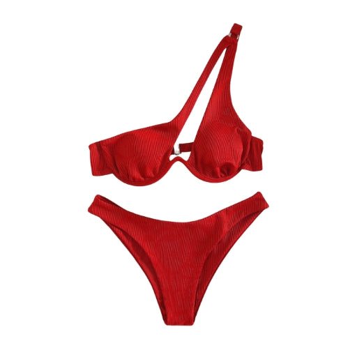 Maillot de bain 2 pièces femme épaule dénudée - Maillot de bain femme - Rouge - L - Bas de maillot de bain femme - Bikini femme
