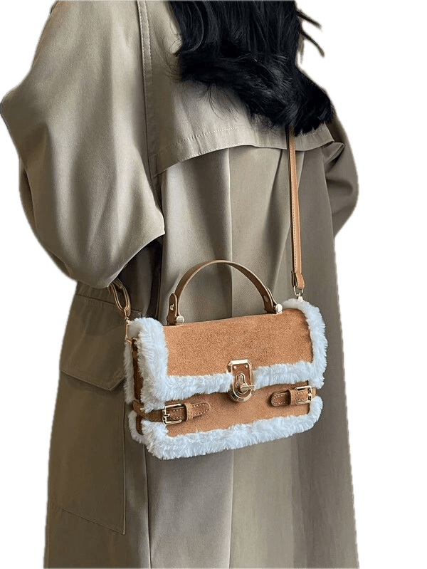 Sac à main luxe à bandoulière assorti avec coutures en peluche et texture avancée - Sac à main - Khaki - Avec bandoulière - Accessoires femme - femme