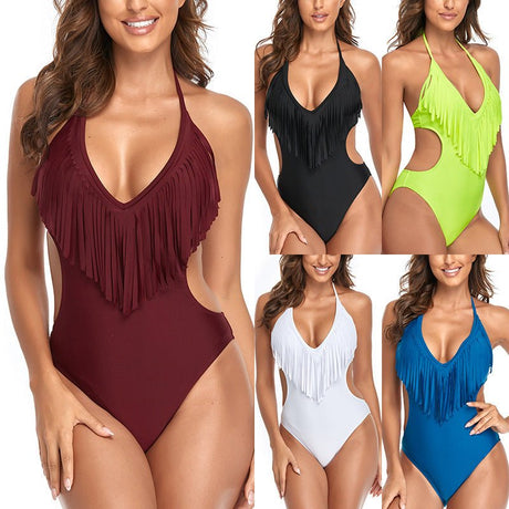 Maillot de bain une pièce triangle à pompon pour femmes - Maillot de bain femme - Rouge - 2XL - Maillot de bain une - maillots de bain
