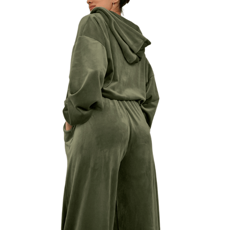 Ensemble pour femme, Pull à capuche en velours doré avec pantalon couleur vert